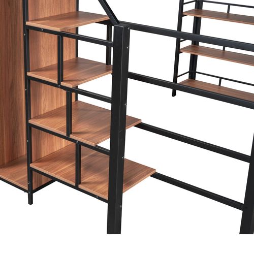 Lit Mezzanine 140x200 Cm - Lit Double Avec Escalier Sécurisé - Rangement - Pratique - Noir