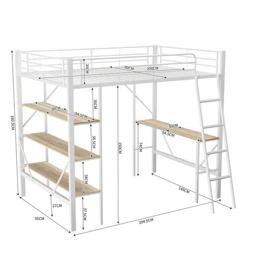 Lit Mezzanine 90x200 Cm - Lit Simple Avec Bureau - Cadre Métal - Blanc