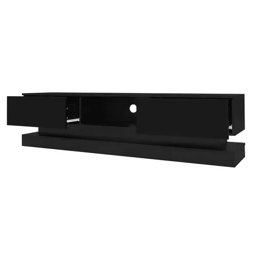 Meuble TV LED Avec 2 Tiroirs, Panneaux Brillants, Panneau De Particules, Noir