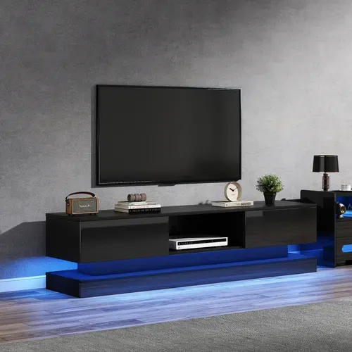 Meuble TV LED Avec 2 Tiroirs, Panneaux Brillants, Panneau De Particules, Noir