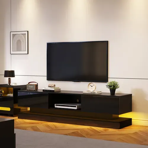 Meuble TV LED Avec 2 Tiroirs, Panneaux Brillants, Panneau De Particules, Noir