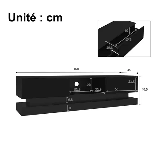 Meuble TV LED Avec 2 Tiroirs, Panneaux Brillants, Panneau De Particules, Noir