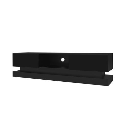 Meuble TV LED Avec 2 Tiroirs, Panneaux Brillants, Panneau De Particules, Noir