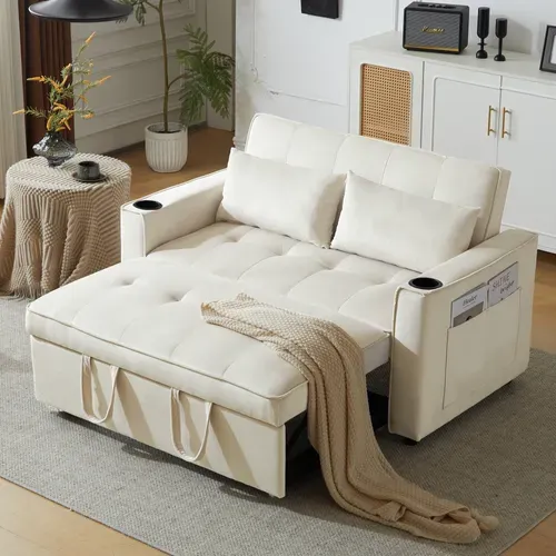 Canapé Droit Convertible 2 Places - Canapé Multifonction Avec Porte-gobelets Intégrés - Beige