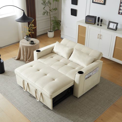 Canapé Droit Convertible 2 Places - Canapé Multifonction Avec Porte-gobelets Intégrés - Beige
