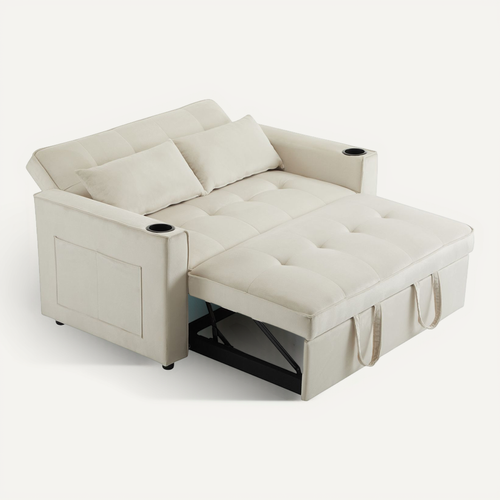 Canapé Droit Convertible 2 Places - Canapé Multifonction Avec Porte-gobelets Intégrés - Beige