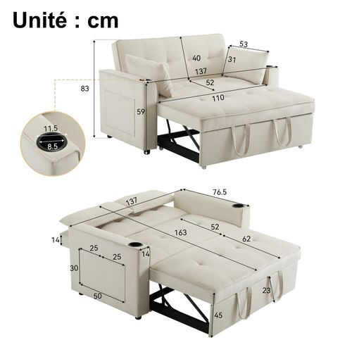 Canapé Droit Convertible 2 Places - Canapé Multifonction Avec Porte-gobelets Intégrés - Beige
