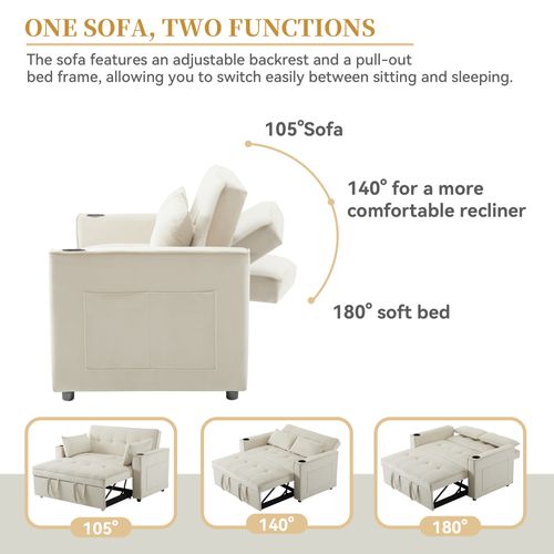 Canapé Droit Convertible 2 Places - Canapé Multifonction Avec Porte-gobelets Intégrés - Beige
