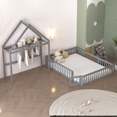 Lit Enfant 140x200 Cm - Lit Cabane Au Sol Avec Barrières - Porte Et Sommier  - Gris