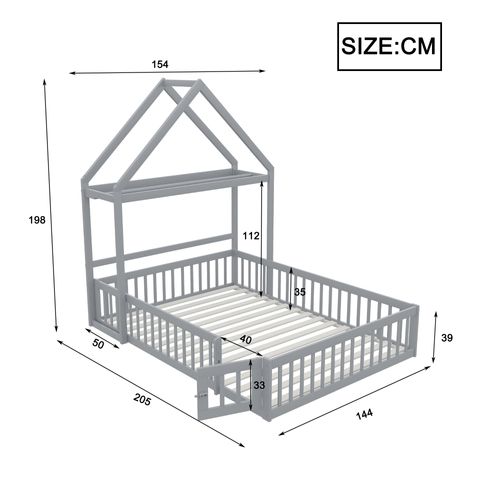 Lit Enfant 140x200 Cm - Lit Cabane Au Sol Avec Barrières - Porte Et Sommier  - Gris