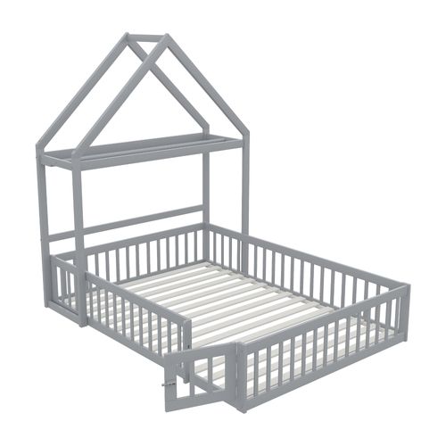 Lit Enfant 140x200 Cm - Lit Cabane Au Sol Avec Barrières - Porte Et Sommier  - Gris