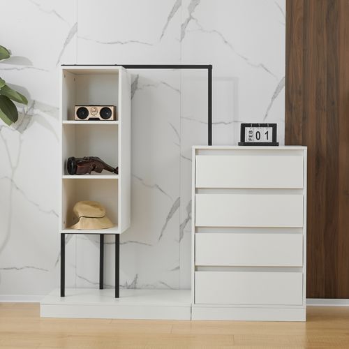 Meubles Multifonctions - Dressing Ouvert Tringle Tiroirs - Commode Penderie Étagères - Mdf - Blanc