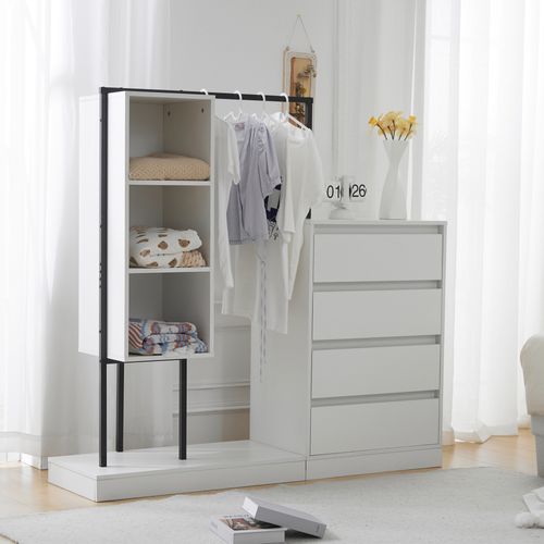 Meubles Multifonctions - Dressing Ouvert Tringle Tiroirs - Commode Penderie Étagères - Mdf - Blanc