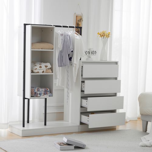 Meubles Multifonctions - Dressing Ouvert Tringle Tiroirs - Commode Penderie Étagères - Mdf - Blanc
