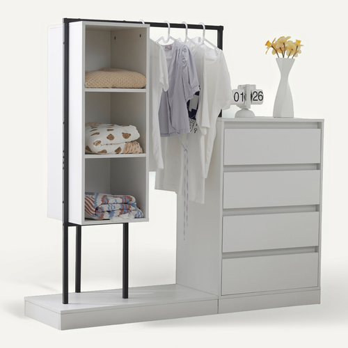 Meubles Multifonctions - Dressing Ouvert Tringle Tiroirs - Commode Penderie Étagères - Mdf - Blanc