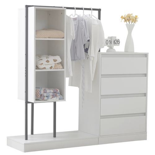 Meubles Multifonctions - Dressing Ouvert Tringle Tiroirs - Commode Penderie Étagères - Mdf - Blanc