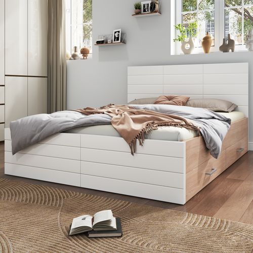 Lit Avec Rangement 140x200 cm - Lit Double Avec Sommier Et Tiroirs - Grande Stabilité - Blanc
