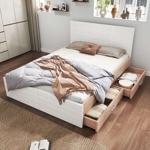 Lit Avec Rangement 140x200 cm - Lit Double Avec Sommier Et Tiroirs - Grande Stabilité - Blanc