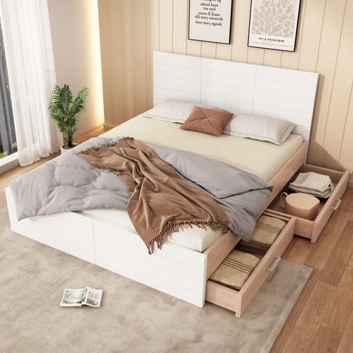 Lit Avec Rangement 140x200 cm - Lit Double Avec Sommier Et Tiroirs - Grande Stabilité - Blanc