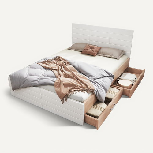 Lit Avec Rangement 140x200 cm - Lit Double Avec Sommier Et Tiroirs - Grande Stabilité - Blanc