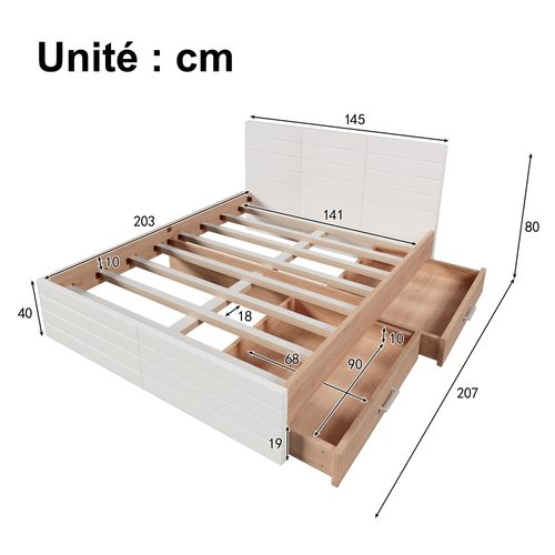 Lit Avec Rangement 140x200 cm - Lit Double Avec Sommier Et Tiroirs - Grande Stabilité - Blanc