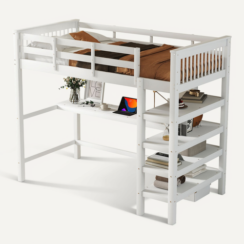 Lit Mezzanine 90 X 200 Cm - Lit Enfant Avec Bureau Et Étagères - Design Moderne - Blanc