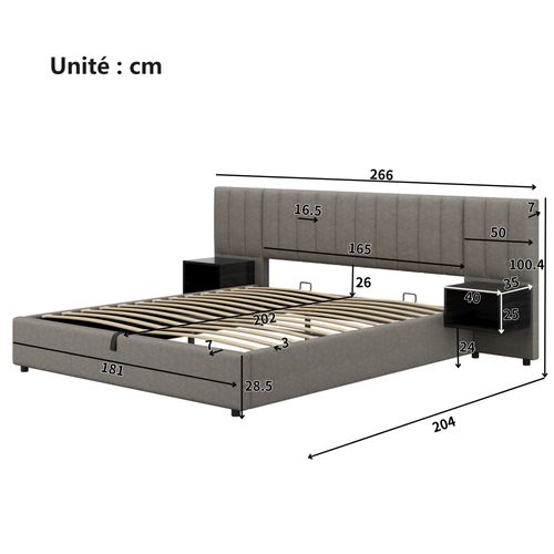 Lit Coffre 180x200 Cm - Chevets Intégrés - Rangement Hydraulique - Lit Capitonné - Tissu Lin - Gris
