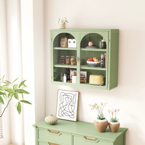 Armoire Murale, 2 Portes En Verre, Rangement Cuisine Et Salle De Bain, Structure Stable,vert