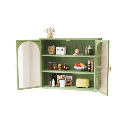 Armoire Murale, 2 Portes En Verre, Rangement Cuisine Et Salle De Bain, Structure Stable,vert
