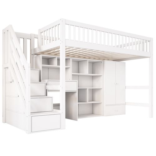 Lit Mezzanine 90x200 Cm - Bureau - Escaliers - Rangement - Design Moderne - Blanc