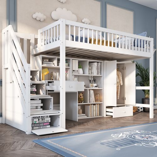 Lit Mezzanine 90x200 Cm - Bureau - Escaliers - Rangement - Design Moderne - Blanc