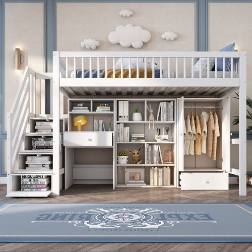 Lit Mezzanine 90x200 Cm - Bureau - Escaliers - Rangement - Design Moderne - Blanc