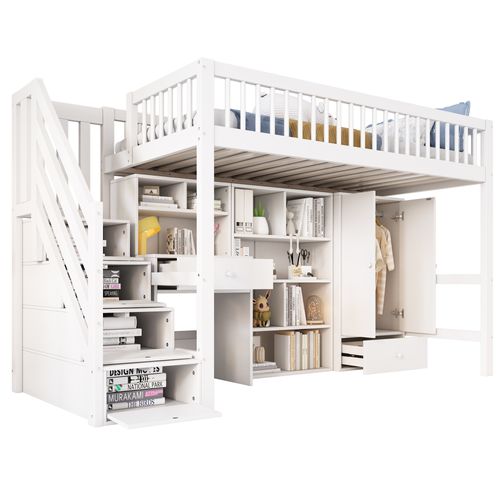 Lit Mezzanine 90x200 Cm - Bureau - Escaliers - Rangement - Design Moderne - Blanc