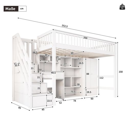 Lit Mezzanine 90x200 Cm - Bureau - Escaliers - Rangement - Design Moderne - Blanc