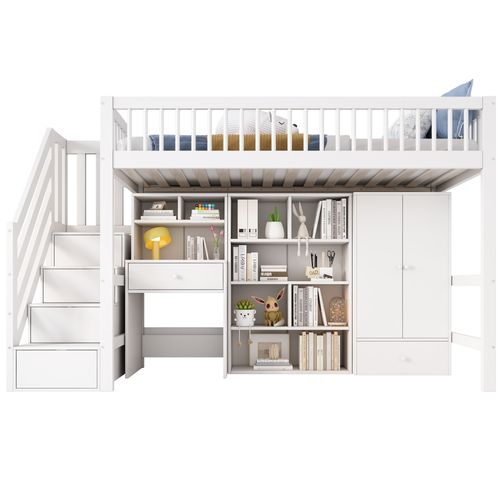 Lit Mezzanine 90x200 Cm - Bureau - Escaliers - Rangement - Design Moderne - Blanc