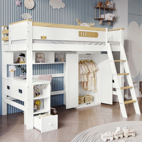 Lit Mezzanine Enfant 90x200 Cm - Échelle 4 Niveaux - Bureau - Rangement - Protection - Blanc Naturel