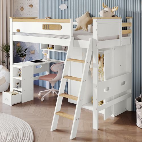 Lit Mezzanine Enfant 90x200 Cm - Échelle 4 Niveaux - Bureau - Rangement - Protection - Blanc Naturel