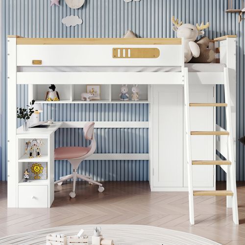 Lit Mezzanine Enfant 90x200 Cm - Échelle 4 Niveaux - Bureau - Rangement - Protection - Blanc Naturel