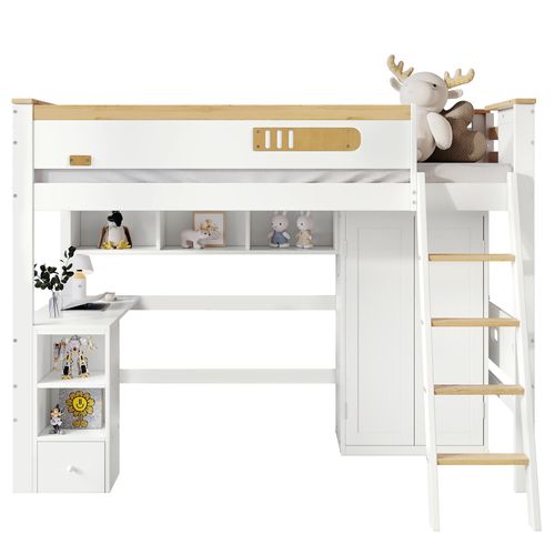 Lit Mezzanine Enfant 90x200 Cm - Échelle 4 Niveaux - Bureau - Rangement - Protection - Blanc Naturel
