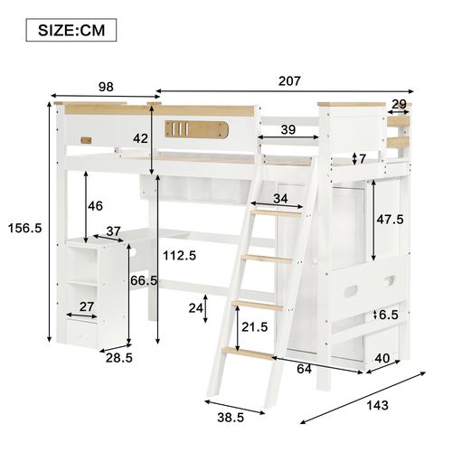 Lit Mezzanine Enfant 90x200 Cm - Échelle 4 Niveaux - Bureau - Rangement - Protection - Blanc Naturel