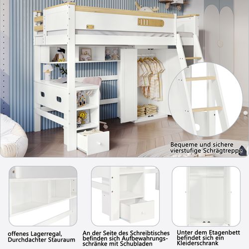 Lit Mezzanine Enfant 90x200 Cm - Échelle 4 Niveaux - Bureau - Rangement - Protection - Blanc Naturel