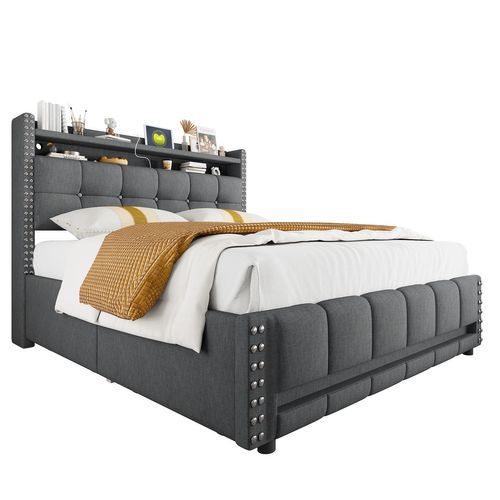 Lit Double 160×200 Cm - LED Intégrée - Ports USB - 4 Tiroirs Rangement - Lin - Gris