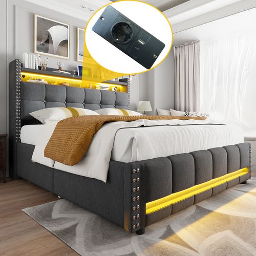 Lit Double 160×200 Cm - LED Intégrée - Ports USB - 4 Tiroirs Rangement - Lin - Gris