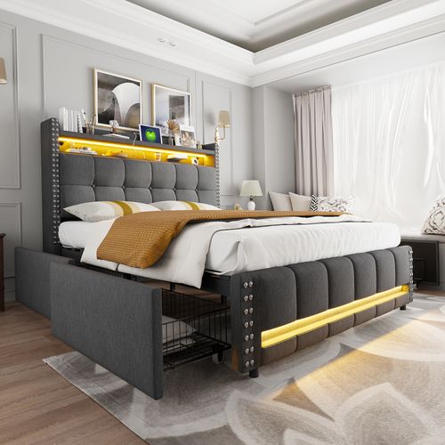 Lit Double 160×200 Cm - LED Intégrée - Ports USB - 4 Tiroirs Rangement - Lin - Gris