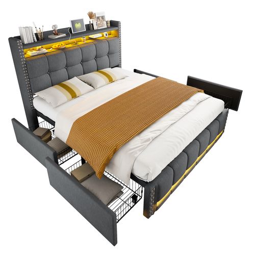 Lit Double 160×200 Cm - LED Intégrée - Ports USB - 4 Tiroirs Rangement - Lin - Gris