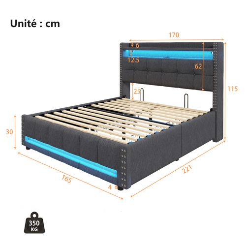 Lit Double 160×200 Cm - LED Intégrée - Ports USB - 4 Tiroirs Rangement - Lin - Gris