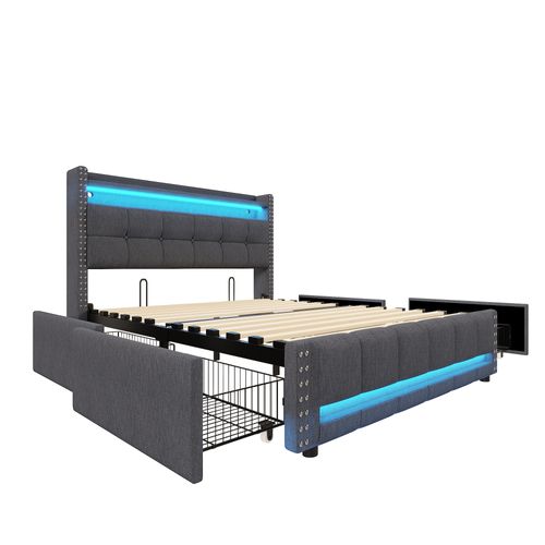 Lit Double 160×200 Cm - LED Intégrée - Ports USB - 4 Tiroirs Rangement - Lin - Gris