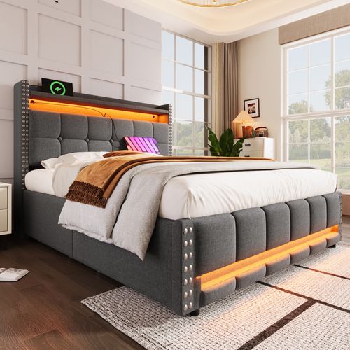 Lit Double 140x200 Cm Avec LED, Tiroirs Et Prise USB, Lit Capitonné Ado - Gris