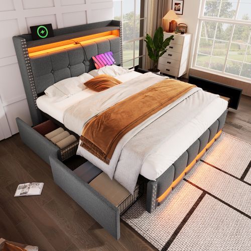 Lit Double 140x200 Cm Avec LED, Tiroirs Et Prise USB, Lit Capitonné Ado - Gris