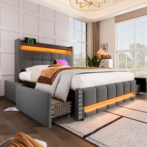 Lit Double 140x200 Cm Avec LED, Tiroirs Et Prise USB, Lit Capitonné Ado - Gris